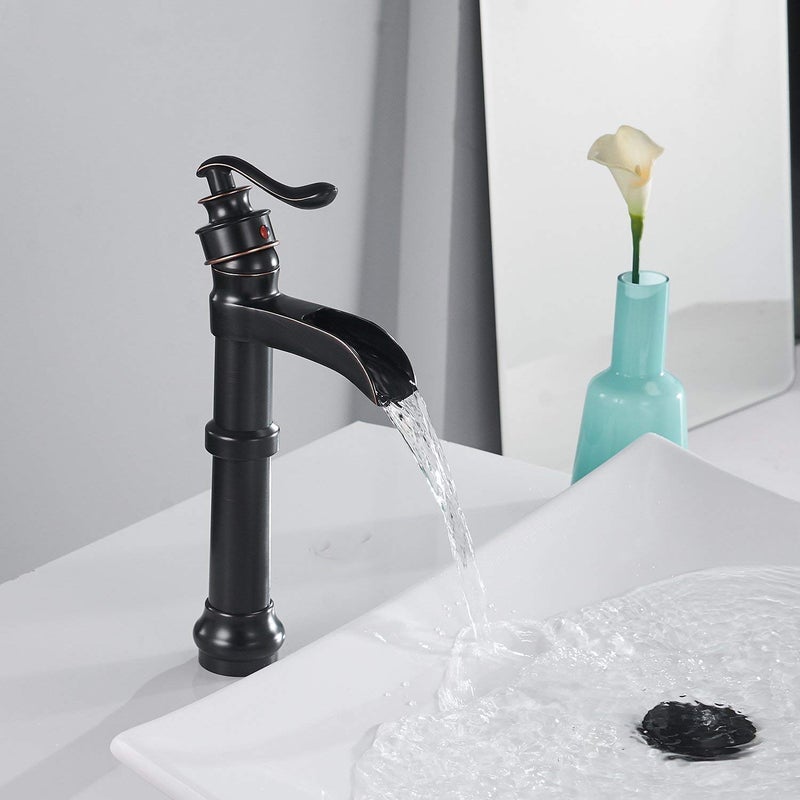 BATHFINESSE Oil Rubbed Bronze Vessel Sink Faucet Single Hole Faucet Bathroom Waterfall Faucet Farmhouse Single-Handle 1 Hole Deck Mount Bowl Tall Body - Image 5